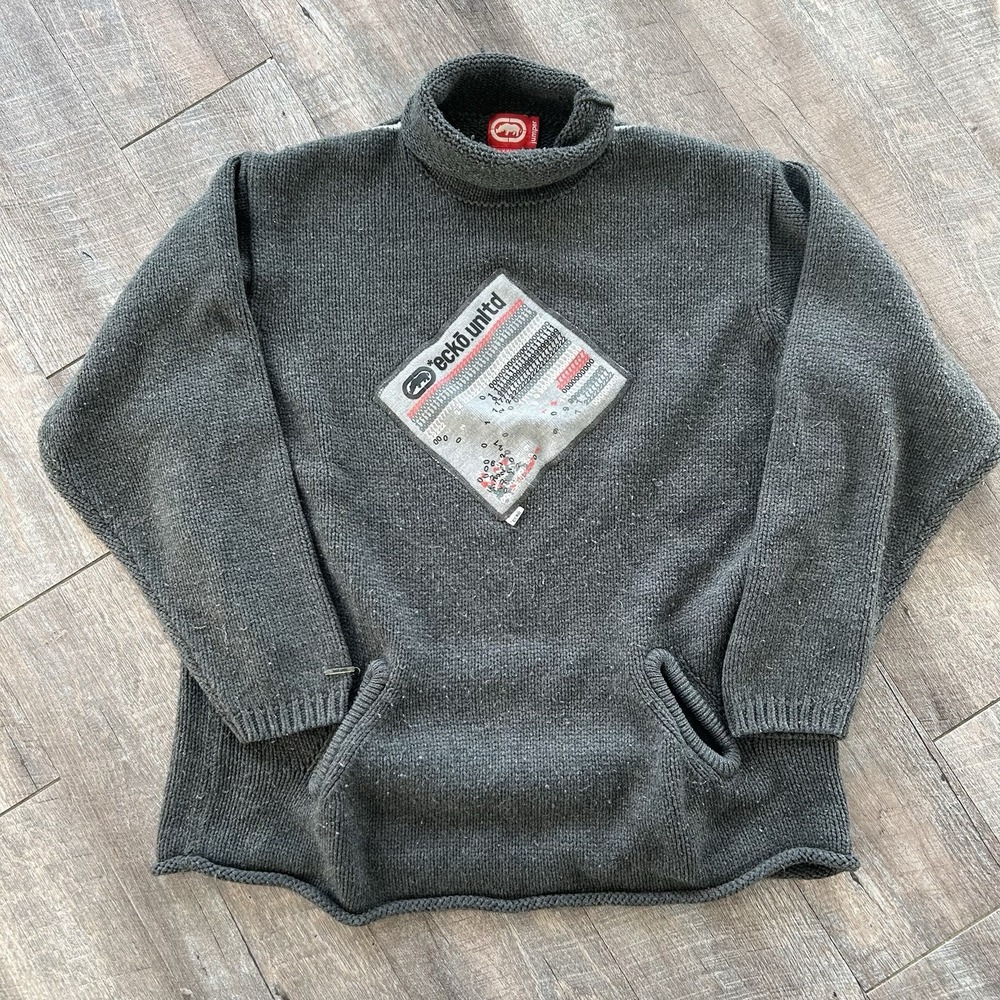 Y2K Ecko Unlimited Turtle Neck Sweater Vintage 2XL Gray Hip Hop Baggy Sweatshirt